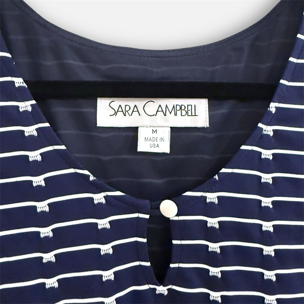 Sara Campbell Navy Stripe Shift Dress Tassel Fringe Hem Fully Lined Stretch M - Picture 11 of 13